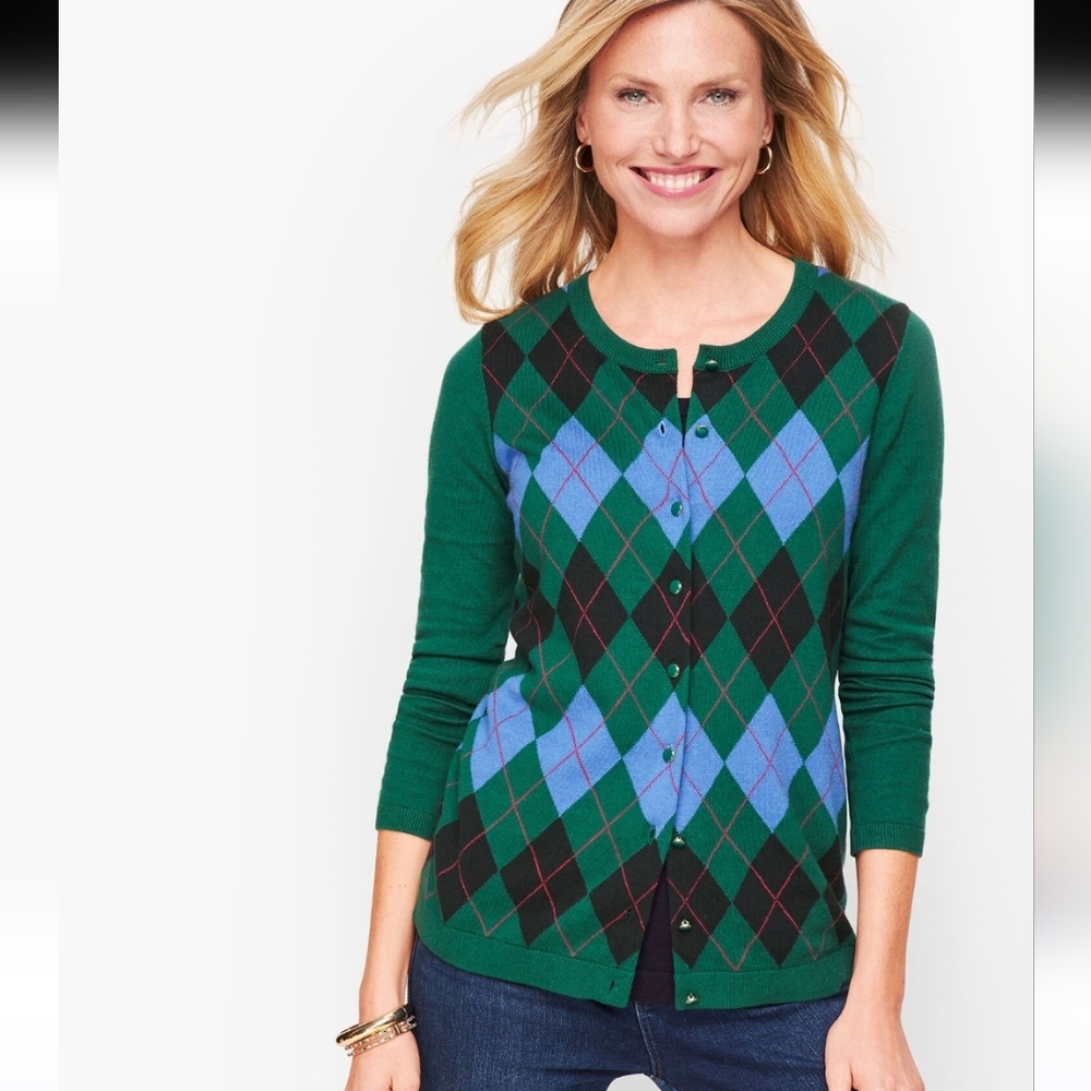 Talbots Green Argyle Button-Front Charming Cardig… - image 1